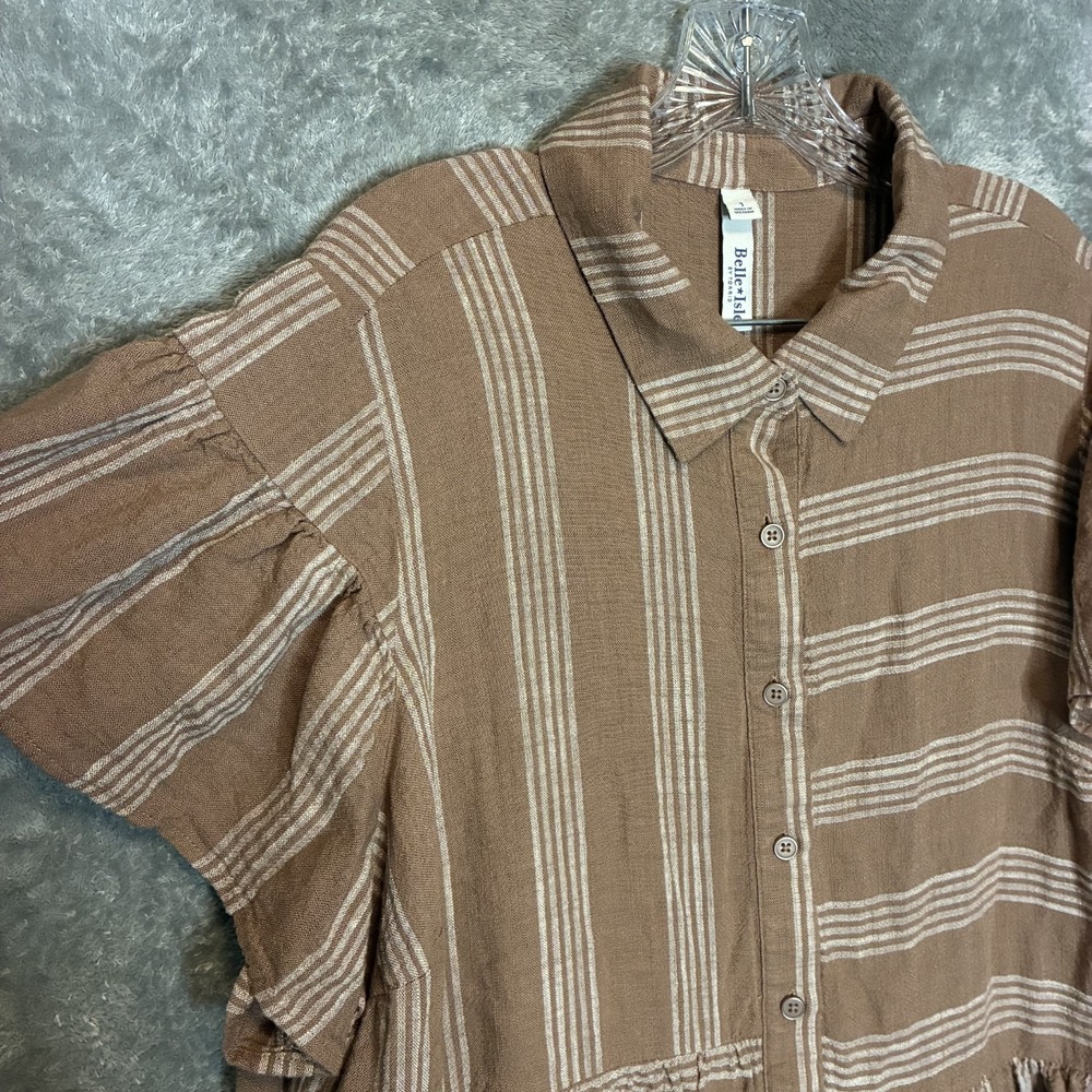Belle Isle Women Striped Shirt Mini Dress 1X Plus Tiered Cottagecore Neutral Tan